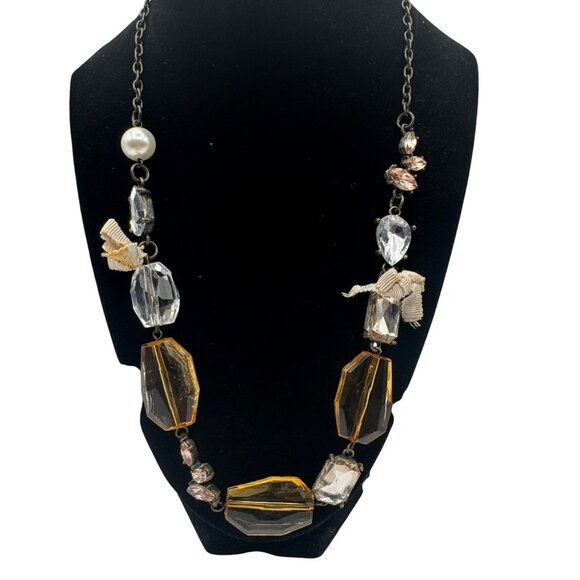 Statement Necklace With Amber & Clear Beads Rhinestone & Pearl Accent - Picture 2 of 5